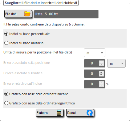 Inserimento file con 5 colonne di dati.